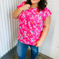 Pink Floral Print Ruffle Short Sleeve Yoke Top