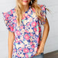 Peach/Navy Floral Chiffon Smocked Ruffle Sleeve Top