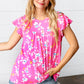 Pink Floral Print Ruffle Short Sleeve Yoke Top