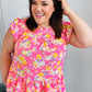 Pink Floral Yoke Flutter Sleeve Keyhole Back Top