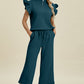 Double Take Full Size Texture Ruffle Short Sleeve Top and Wide Leg Pants Set