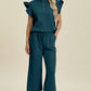 Double Take Full Size Texture Ruffle Short Sleeve Top and Wide Leg Pants Set