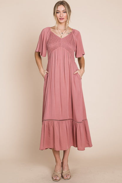HEYSON Full Size Smocked Pocket Midi Dress in Rouge Pink