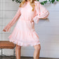Peach Pleated Lace Bubble Sleeve Lined Dress