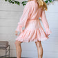 Peach Pleated Lace Bubble Sleeve Lined Dress
