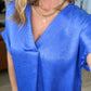 Pleat Front V-Neck Top in Royal Blue