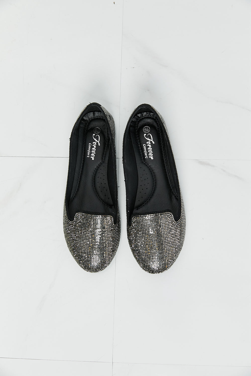 Forever Link Rhinestone Round Toe Flats in Black/Pewter
