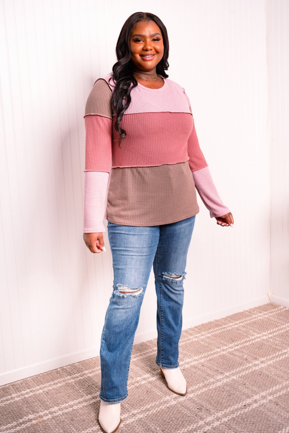 Heimish Full Size Color Block Exposed Seam Waffle-Knit Top